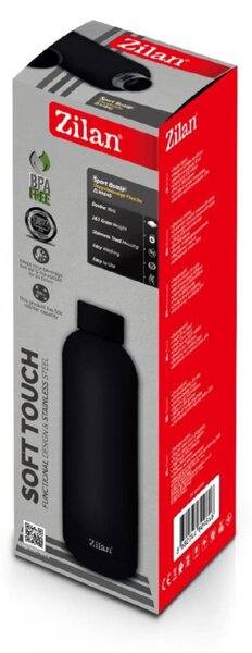 Zilan ZLN9840 sportpalack típusú termosz, 500 ml űrtartalommal, rozsdamentes acél belsővel, dupla fallal, fekete