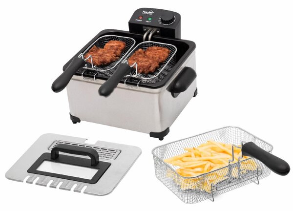 HOME HGOLS5 olajsütő, fritőz, 2000 W, 5 literes, max. 190 °C, rozsdamentes készülékház, 3 sütőkosaras