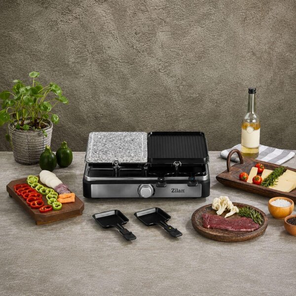 Zilan ZLN8863 raclette grill, 1400 W, 2 az 1-ben, alumínium sütőlap, tapadásmentes bevonat, hőfokszabályozó, kiegészítők