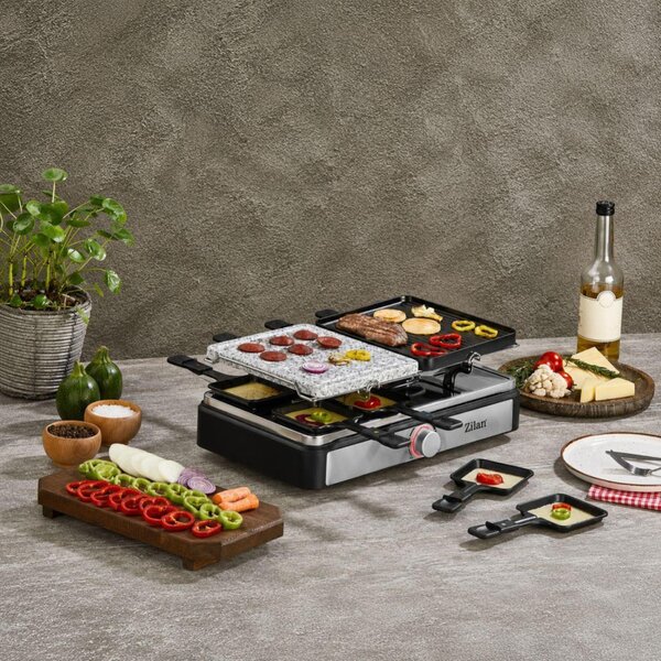 Zilan ZLN8863 raclette grill, 1400 W, 2 az 1-ben, alumínium sütőlap, tapadásmentes bevonat, hőfokszabályozó, kiegészítők