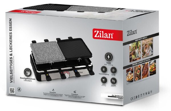 Zilan ZLN8863 raclette grill, 1400 W, 2 az 1-ben, alumínium sütőlap, tapadásmentes bevonat, hőfokszabályozó, kiegészítők