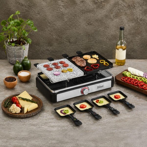 Zilan ZLN8863 raclette grill, 1400 W, 2 az 1-ben, alumínium sütőlap, tapadásmentes bevonat, hőfokszabályozó, kiegészítők