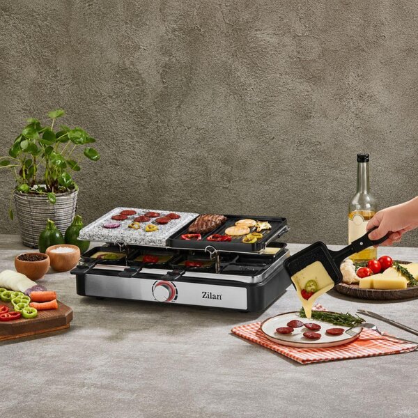 Zilan ZLN8863 raclette grill, 1400 W, 2 az 1-ben, alumínium sütőlap, tapadásmentes bevonat, hőfokszabályozó, kiegészítők