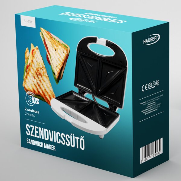 HAUSER ST-618 szendvicssütő, max. 800 W, 2 szeletes, tapadásmentes bevonat, hidegfalú burkolat, fehér színű