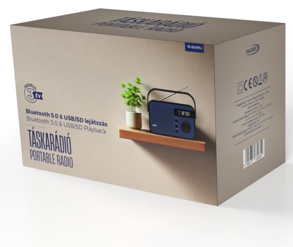 HAUSER TR-9206PLL digitális AM/FM táskarádió, max. 1,2 W RMS, bluetooth, LED kijelző, USB/microSD, AUX, óra/ébresztés, elemes és hálózati tápellátás