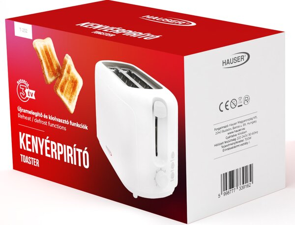 HAUSER T-232 kenyérpirító, 700 W, 2 szeletes, fokozatmentes pirítás, fehér színű