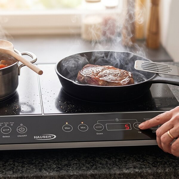 HAUSER IC-2214 indukciós főzőlap, 3500 W, 2 főzőlap, üvegkerámia, LCD kijelző, max. 240 °C, időzítő, gyerekzár, fekete színű