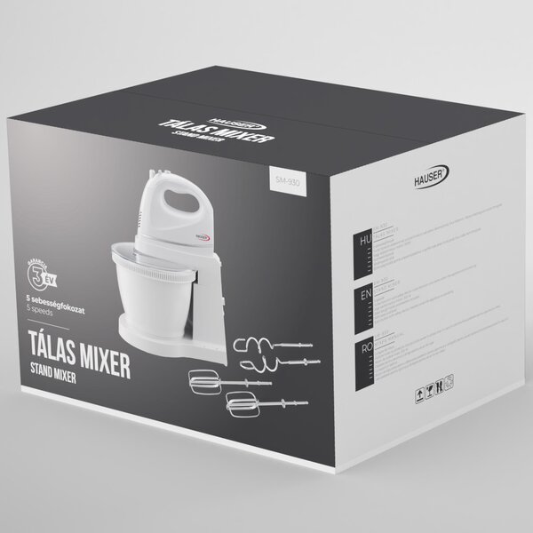 HAUSER SM-930 tálas mixer, 300 W, 2,5 literes forgó keverőtál, 5 sebesség, állvány, fehér
