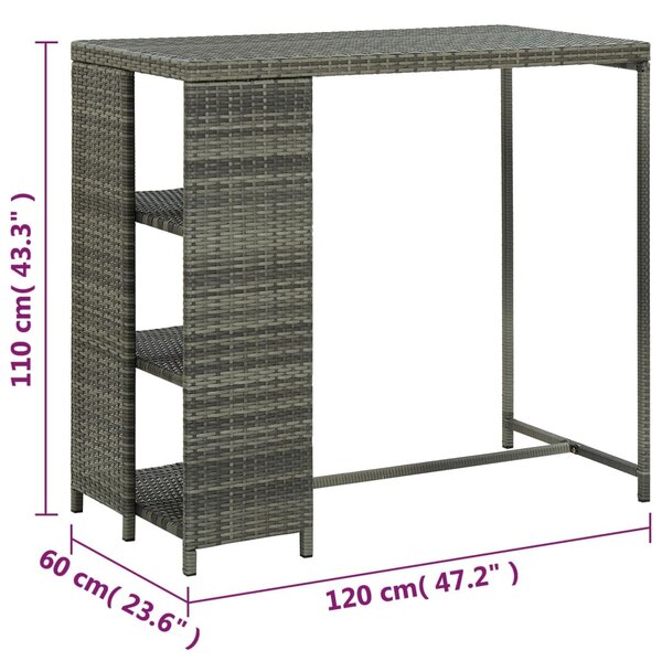 Szürke polyrattan bárasztal tárolópolccal 120 x 60 x 110 cm