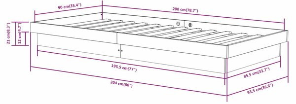 VidaXL fehér tömör fa ágykeret 90 x 200 cm