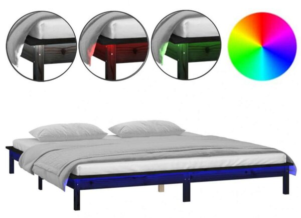 VidaXL kis kétszemélyes fekete tömör fa LED-es ágykeret 120 x 190 cm