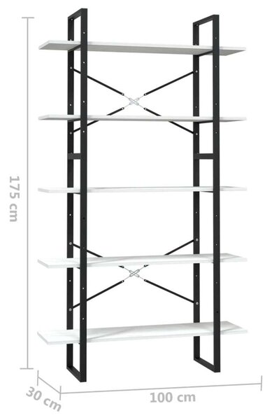 VidaXL 5 Polcos Könyvespolc - Fehér Fenyőfa - 100x30x175cm