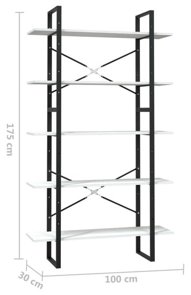 VidaXL 5 Polcos Könyvespolc - Fehér Fenyőfa - 100x30x175cm