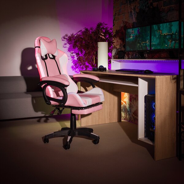 KONDELA Irodai/gamer szék RGB LED világítással, rózsaszín/fehér, JOVELA