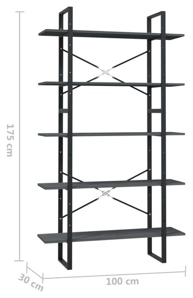 VidaXL ötszintes szürke fenyőfa könyvszekrény 100 x 30 x 175 cm