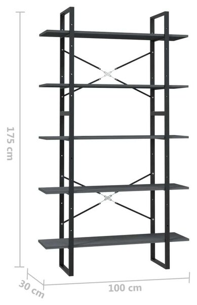 VidaXL ötszintes szürke fenyőfa könyvszekrény 100 x 30 x 175 cm