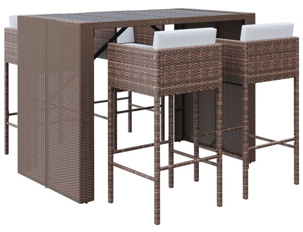 5 részes barna polyrattan kerti bárszett párnákkal