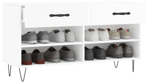 Magasfényű fehér szerelt fa cipőpolc 102x35x55 cm
