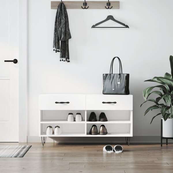 Magasfényű fehér szerelt fa cipőpolc 102x35x55 cm