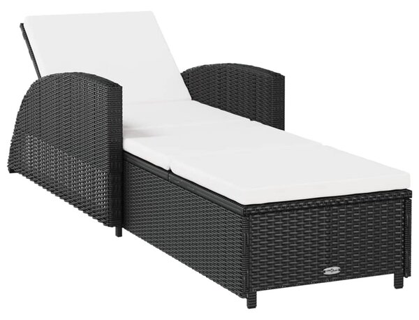 Fekete polyrattan napozóágy krémfehér párnával