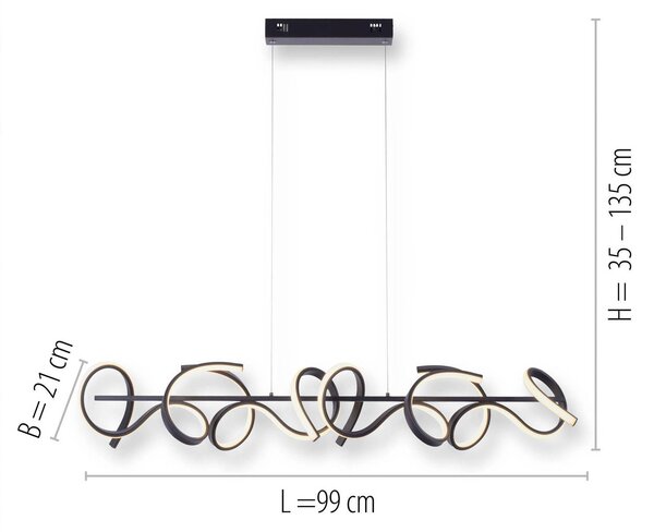 JUST LIGHT. GmbH Curls LED-es függőlámpa, fekete, fém, 99 cm hosszú, dimmelhető, dimmelhető, Fekete, Nappali / Étkező, fém, Modern