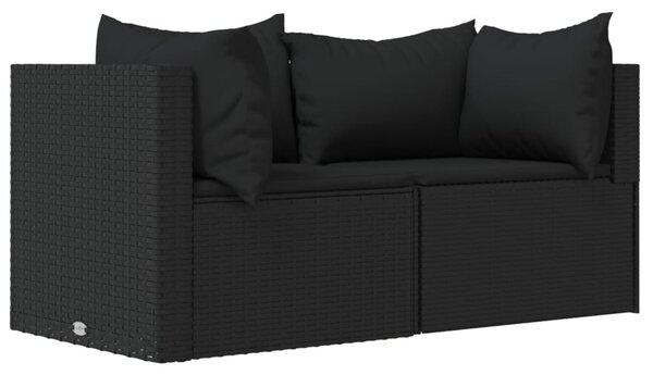 2 db fekete polyrattan kerti sarokkanapé párnákkal