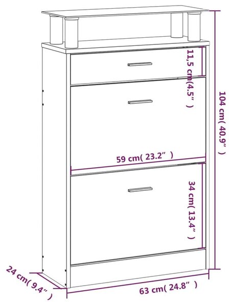 VidaXL Cipősszekrény - 3 Fiókos - Szürke Sonoma - 63x24x104 cm