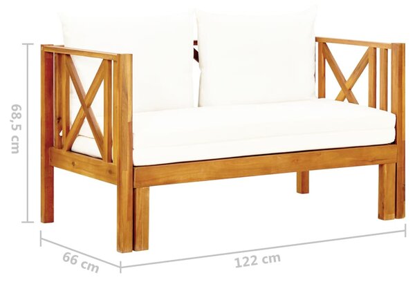 Kétszemélyes tömör akácfa kerti pad párnákkal 122 cm