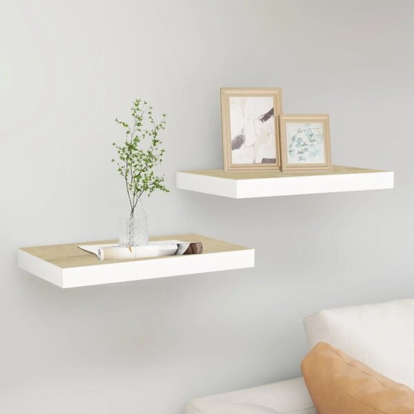 2 db tölgyszínű és fehér MDF lebegő fali polc 40 x 23 x 3,8 cm