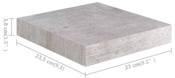 2 db betonszürke MDF lebegő fali polc 23 x 23,5 x 3,8 cm