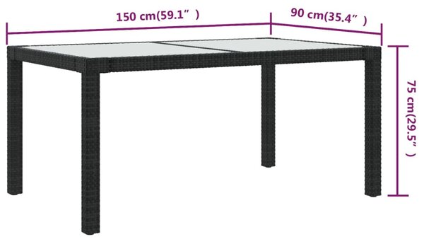 Fekete polyrattan és edzett üveg kerti asztal 150 x 90 x 75 cm