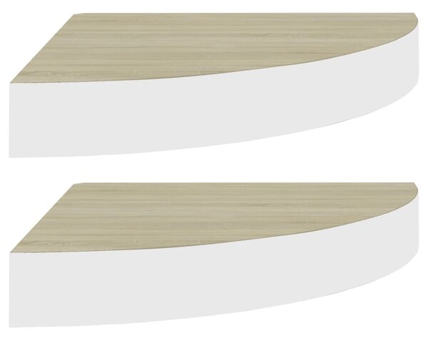 2 db fehér-tölgyszínű MDF fali sarokpolc 25 x 25 x 3,8 cm