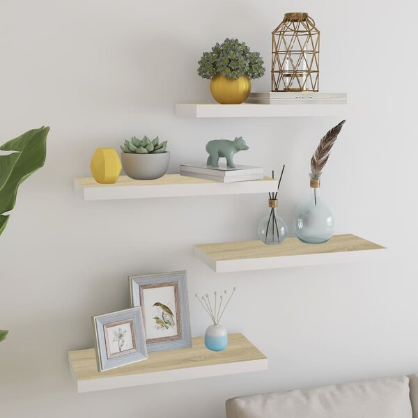 4 db tölgyszínű és fehér MDF lebegő fali polc 60x23,5x3,8 cm