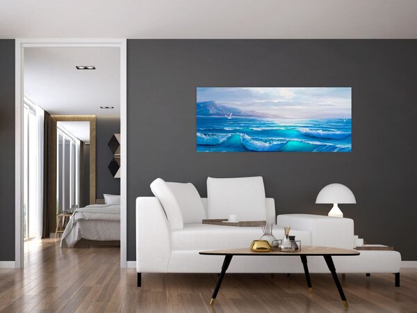 Kép - Olajfestmény a tengerről sirályokkal (120x50 cm)