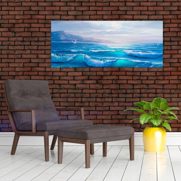 Kép - Olajfestmény a tengerről sirályokkal (120x50 cm)