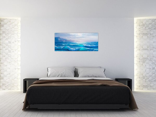 Kép - Olajfestmény a tengerről sirályokkal (120x50 cm)