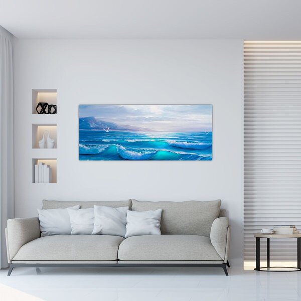 Kép - Olajfestmény a tengerről sirályokkal (120x50 cm)
