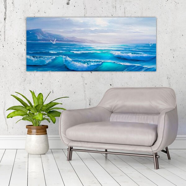 Kép - Olajfestmény a tengerről sirályokkal (120x50 cm)