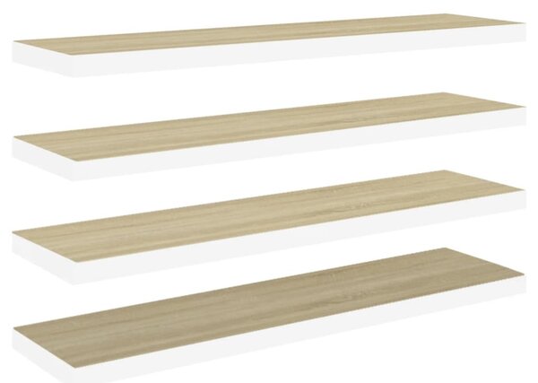 4 db fehér-tölgyszínű MDF lebegő fali polc 90 x 23,5 x 3,8 cm