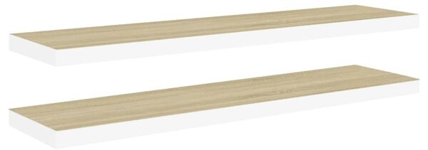 2 db fehér-tölgyszínű MDF lebegő fali polc 90 x 23,5 x 3,8 cm