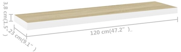 2 db tölgyszínű és fehér MDF lebegő fali polc 120x23,5x3,8 cm