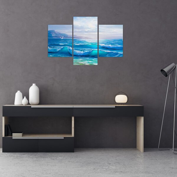 Kép - Olajfestmény a tengerről sirályokkal (90x60 cm)