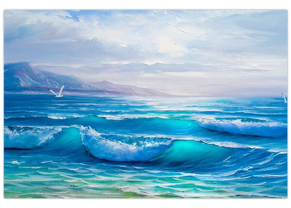 Kép - Olajfestmény a tengerről sirályokkal (90x60 cm)