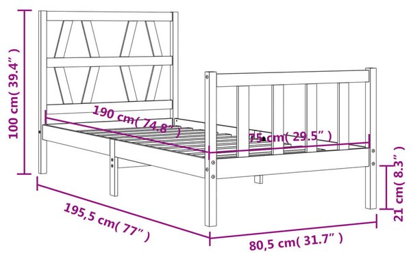 VIDAXL - Fekete Tömörfa Ágykeret - Fejtámlával - 75x190 cm