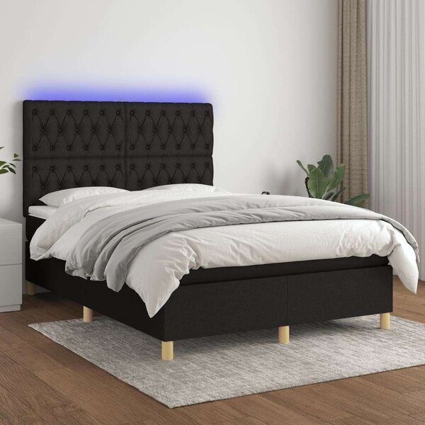 Fekete szövet rugós és led-es ágy matraccal 140x190 cm
