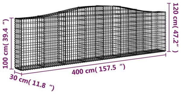 Íves horganyzott vas gabion kosár 400x30x100/120 cm