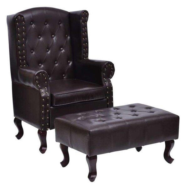 Chesterfield Műbőr Fotel Lábzsámollyal - Antik Barna