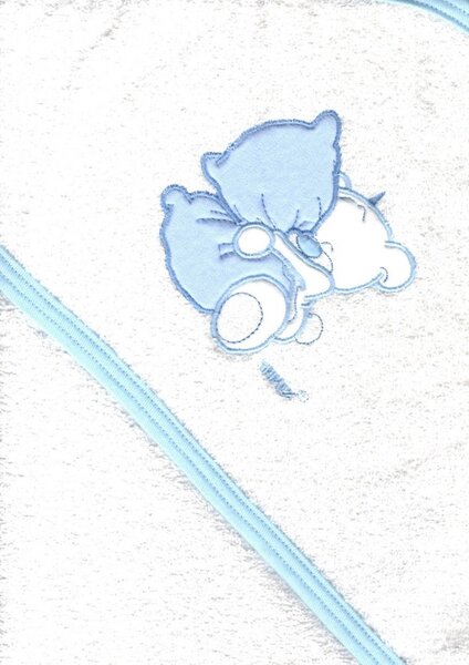 Trimex kapucnis,frottír fürdőlepedő 70*80 cm - fehér/kék ölelő maci
