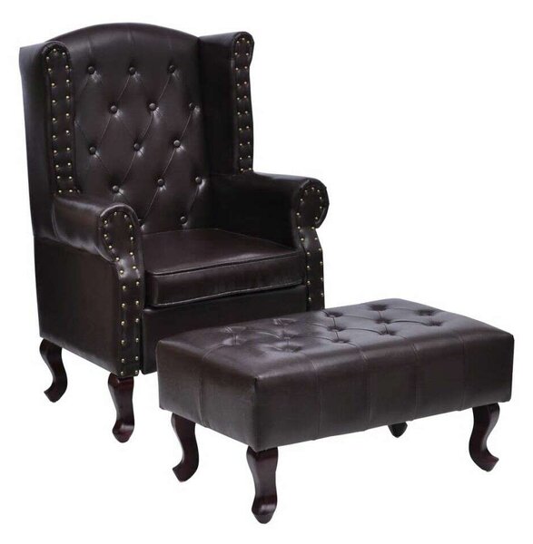 Chesterfield Műbőr Fotel Lábzsámollyal - Antik Barna