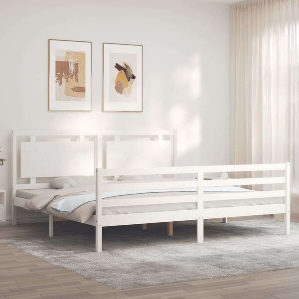 Fenyőfa Ágykeret Fejtámlával - 200x200 cm - Fehér